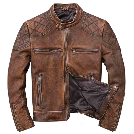 Men's Biker Cafe Racer Vintage Motorcycle Distressed Tan Brown Leather Jacket