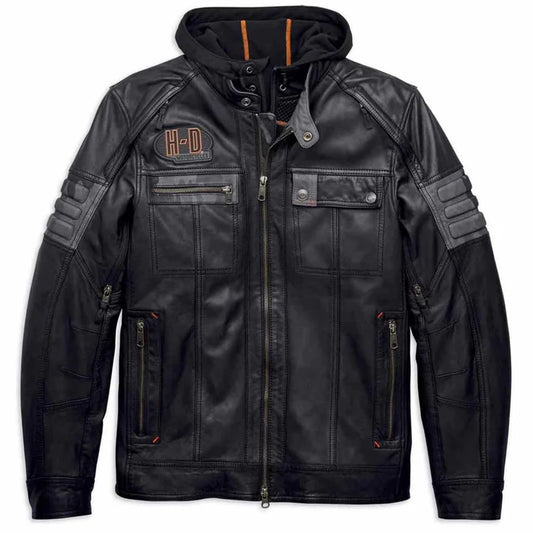 Harley Davidson Men's Bridgeport Black Leather Jacket Hoodie 3 in 1