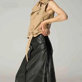 Womens Real Lambskin Leather Black Long Maxi Skirt Vintage Button Pocket Maxi Skirt