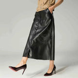 Womens Real Lambskin Leather Black Long Maxi Skirt Vintage Button Pocket Maxi Skirt