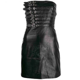 Womens Real Black Leather Hot Party Dress Casual Wear Buckle Dress Frock Skirts