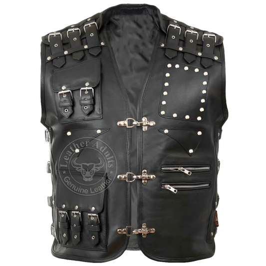 Mens Genuine Black Cowhide Leather Motorcycle Vest Club wear Biker Rider Motorbike Vest