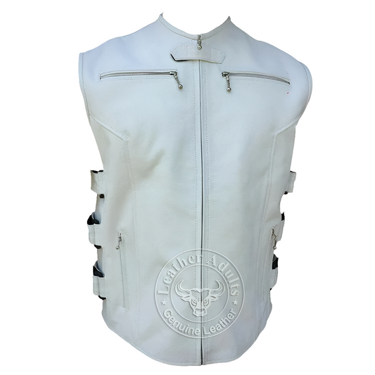 Mens White Leather Vest Biker Rider Motorbike Motorcycle Waistcoat Club SWAT Vest