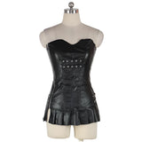 Womens Genuine Leather Clubwear Back Lace-up Strapless Black Sexy Club Dress