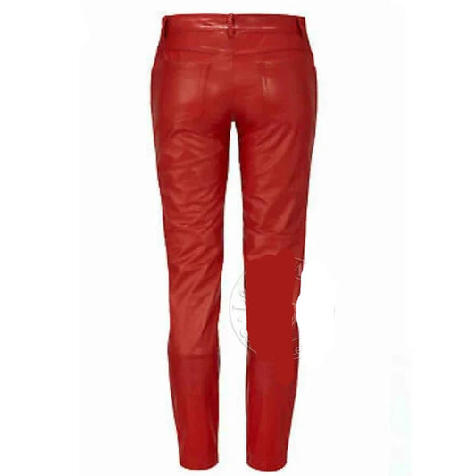 Women's Real Sheep Red Leather Pants Genuine Leggings High Waist Slim Fit Pants