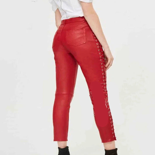 Women’s Red Real Leather Laces Up Slim Fit Sexy Side Laces Up Pants Skinny Trousers