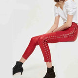 Women’s Red Real Leather Laces Up Slim Fit Sexy Side Laces Up Pants Skinny Trousers