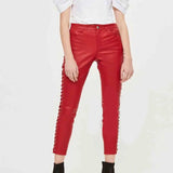 Women’s Red Real Leather Laces Up Slim Fit Sexy Side Laces Up Pants Skinny Trousers