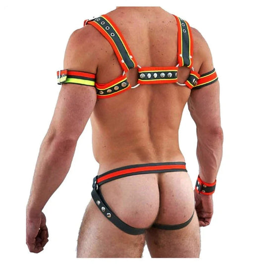 Mens Multi Color Real Leather Chest Harness Gay Interest Adjustable With Jock Straps