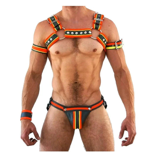 Mens Multi Color Real Leather Chest Harness Gay Interest Adjustable With Jock Straps