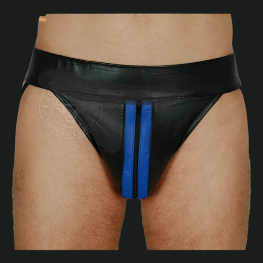 JOCKSTRAP Gay Thong Leather Slip String With Blue Stripes Lederhose Jockstrap Leder Pants M,L, XL