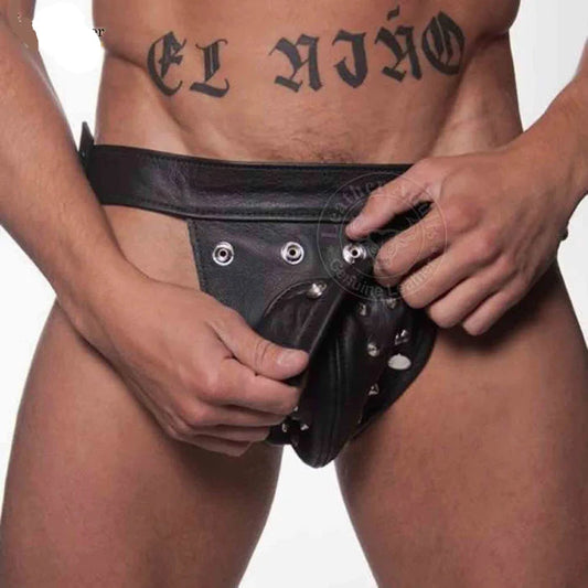 Mens Fetish Underwear Genuine Cowhide Leather Cod Piece Thong Jock Jockstraps