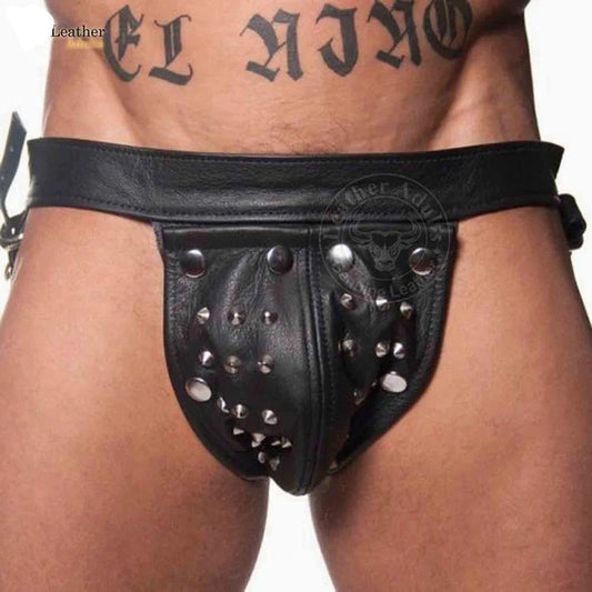 Mens Fetish Underwear Genuine Cowhide Leather Cod Piece Thong Jock Jockstraps