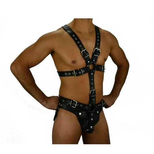 Mens Handmade Genuine Leather Full Body Harness ADJUSTABLE WITH JOCK