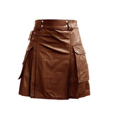 Leather Brown Utility Kilt Twin CARGO Pockets Pleated with Twin Buckles Mens