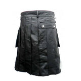 Men's Leather Black Utility Kilt Twin CARGO Pockets Pleated with Twin Buckles