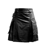 Men's Leather Black Utility Kilt Twin CARGO Pockets Pleated with Twin Buckles