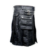 Men's Leather Black Utility Kilt Twin CARGO Pockets Pleated with Twin Buckles