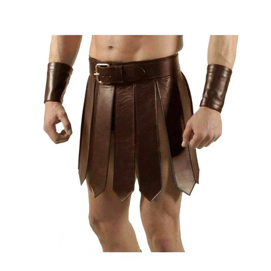 Mens Sexy Real Leather Brown Kilt Roman Gladiator Kilt Set Gay Club Wear LARP