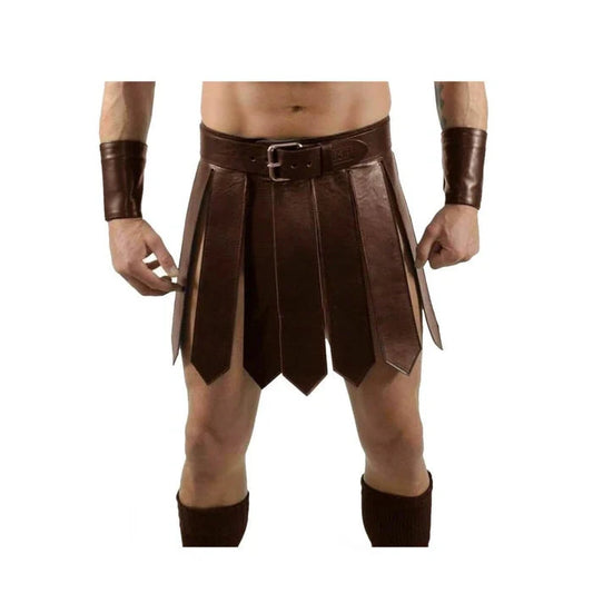 Mens Sexy Real Leather Brown Kilt Roman Gladiator Kilt Set Gay Club Wear LARP