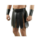 Mens Sexy Real Leather Black Kilt Roman Gladiator Kilt Set Gay Club Wear LARP