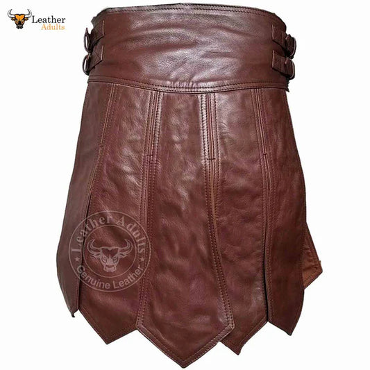 Mens Brown Real Leather Kilt Sexy Gladiator Costume Gay Club Wear LARP Kilts