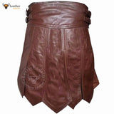 Mens Brown Real Leather Kilt Sexy Gladiator Costume Gay Club Wear LARP Kilts