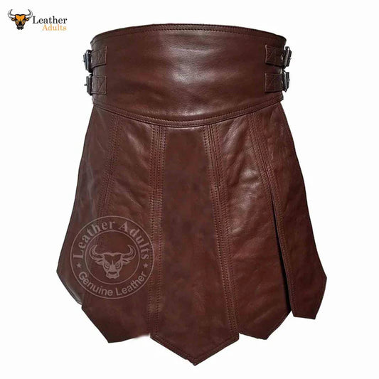 Mens Brown Real Leather Kilt Sexy Gladiator Costume Gay Club Wear LARP Kilts