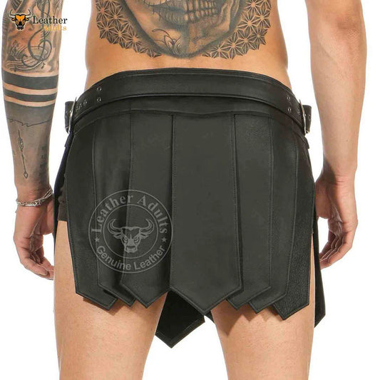 Mens Real Leather Black Roman Gladiator Kilt Gothic Belt and Buckles Kilt LARP