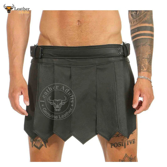 Mens Real Leather Black Roman Gladiator Kilt Gothic Belt and Buckles Kilt LARP