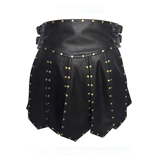 Mens Black Real Cowhide Leather Gladiator Kilt - K6