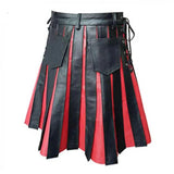 Mens Black and Red Real Leather Gladiator Pleated Utility Kilt Flat Front Pocket Wrap