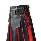 Mens Black and Red Real Leather Gladiator Pleated Utility Kilt Flat Front Pocket Wrap