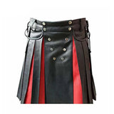 Mens Black and Red Real Leather Gladiator Pleated Utility Kilt Flat Front Pocket Wrap