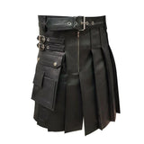 Mens Black Real Cowhide Leather Gladiator Pleated Kilt