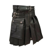 Mens Black Real Cowhide Leather Gladiator Pleated Kilt