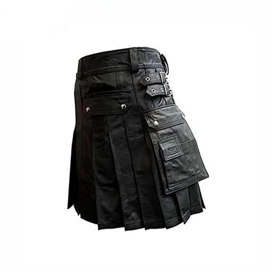 Mens Leather Gladiator Pleated Kilt – K5 -BLK