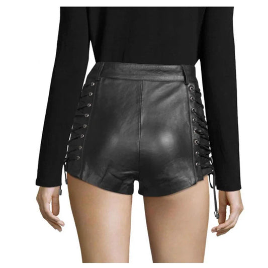 Womens Black Real Lambskin Leather Shorts Rider Ladies Black Lace Up Leather Shorts