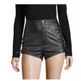 Womens Black Real Lambskin Leather Shorts Rider Ladies Black Lace Up Leather Shorts