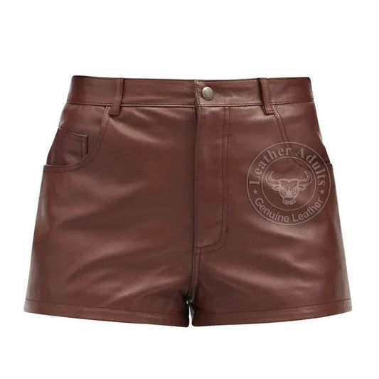 Ladies Brown Genuine Soft Lambskin Leather High Rise Shorts