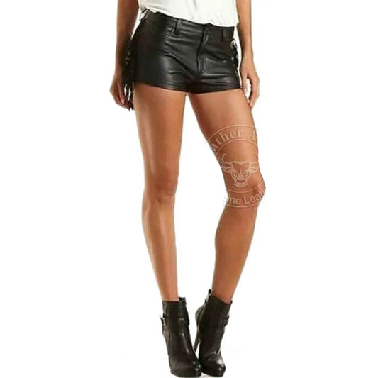 Ladies Black Genuine Soft Lambskin Leather High Rise Shorts