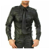 MENS REAL LEATHER Black Police Military Style Shirt BLUF FULL SLEEVES Gay Shirt