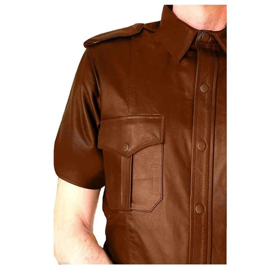 REAL LEATHER Men's Brown Police Military Style Shirt BLUF Most Sizes