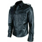 Mens Real Black Leather Police Military Style Shirt BLUF Full Sleeves Shirt