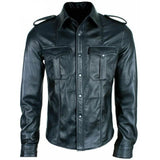 Mens Real Black Leather Police Military Style Shirt BLUF Full Sleeves Shirt