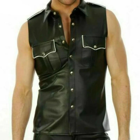 Mens Black Lambskin Leather Police Shirt With White Pipping Sleeveless Fetish BLUF