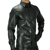 Mens Real Black Leather Police Military Style BLUF Full Sleeves Shirt