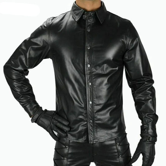 Mens Real Black Leather Police Military Style BLUF Full Sleeves Shirt