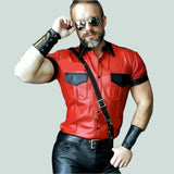 Men's Real Leather Red and Black Contrast Police Style Bluf Bikers Shirt