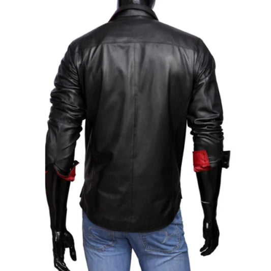 Men's Real Lambs Leather Police Military Style Shirt Cuir Bluf Red and Black Contrast Shirt